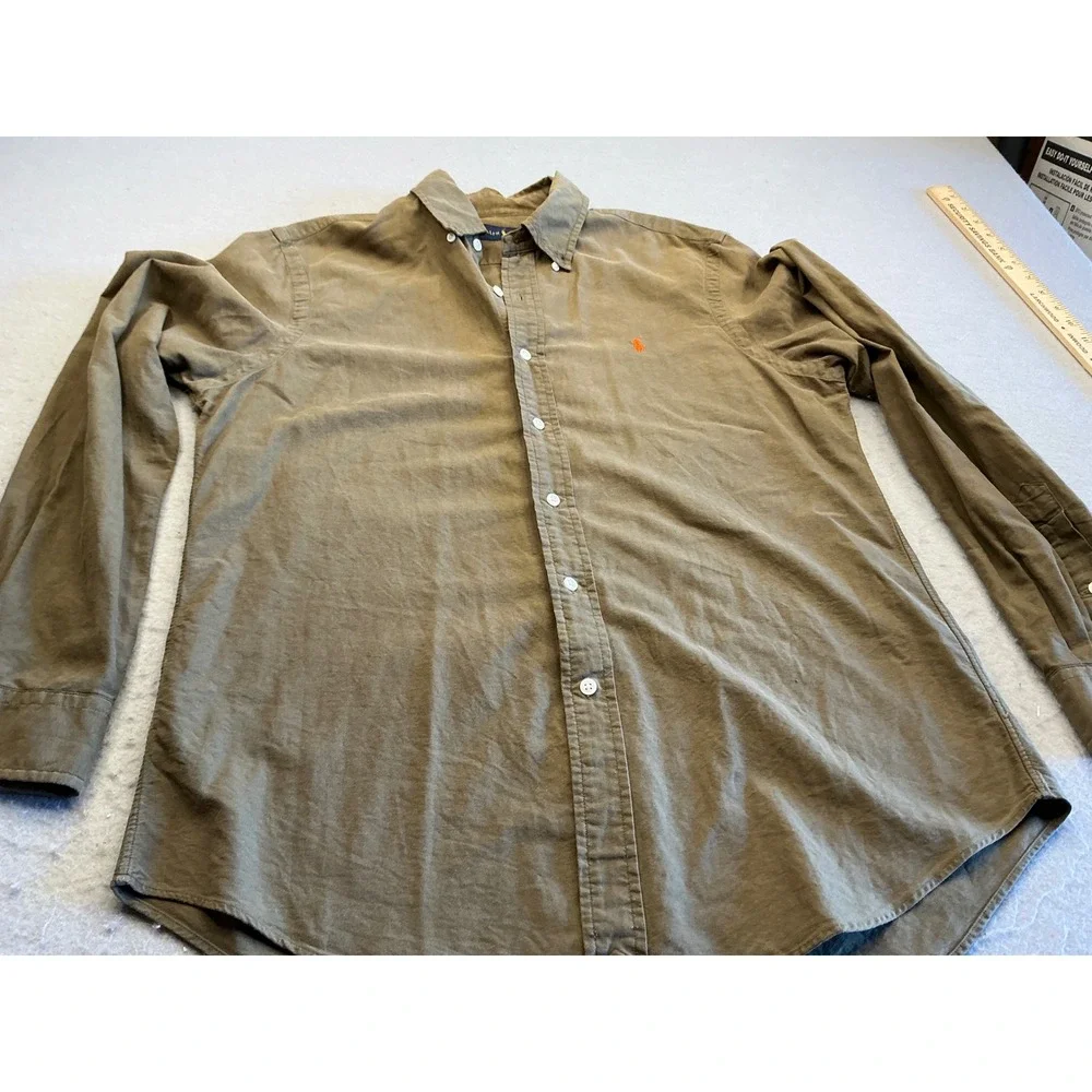 Polo Ralph Lauren Button Down Shirt Olive Brown Cotton Long Sleeve Mens Medium